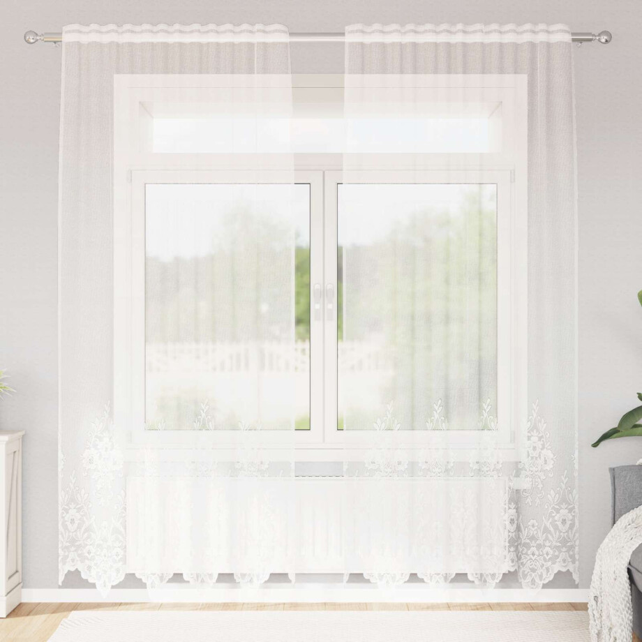 vidaXL Kantgordijn met gordijnen Bloemen Wit 245x150cm Polyester vidaXL Kantgordijn met gordijnen Bloemen Wit 245x150cm Polyester afbeelding 1