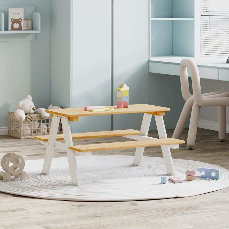 vidaXL Kindertafel met banken IRUN 90x79,5x50cm massief hout wit afbeelding 1