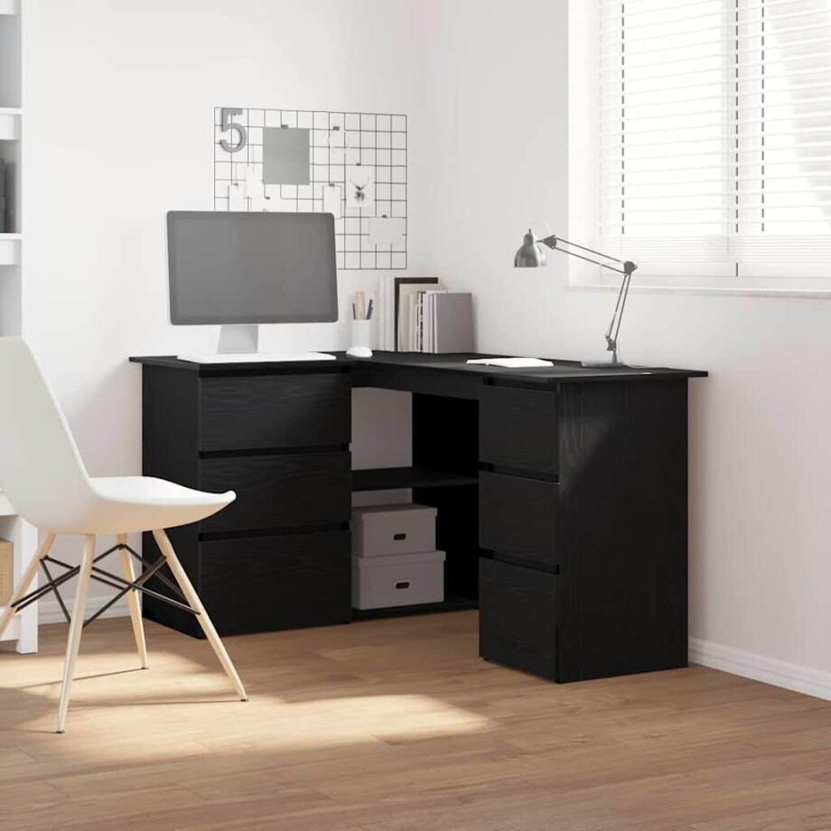 vidaXL Bureau met lade Zwart Eiken 145 x 100 x 76 cm Bewerkt hout afbeelding 1