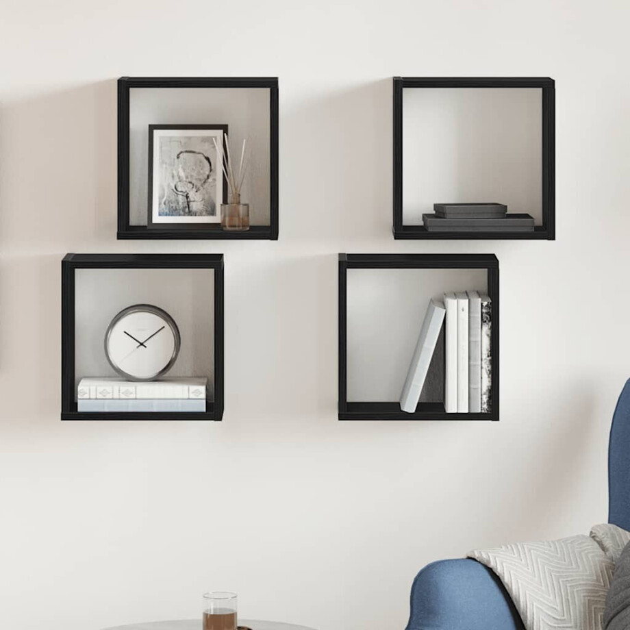 vidaXL Wandschappen kubus 4 st 30x15x30 cm bewerkt hout zwart eiken afbeelding 1