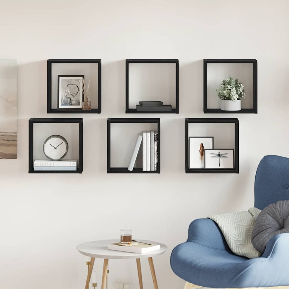 vidaXL Wandschappen kubus 6 st 30x15x30 cm bewerkt hout zwart eiken afbeelding 1