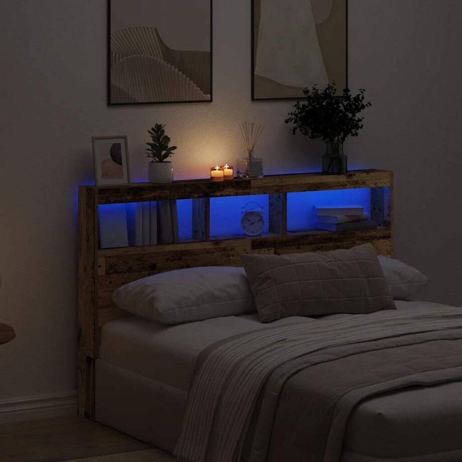 vidaXL Hoofdbordkast met LED 160x17x102 cm oud hout afbeelding 1