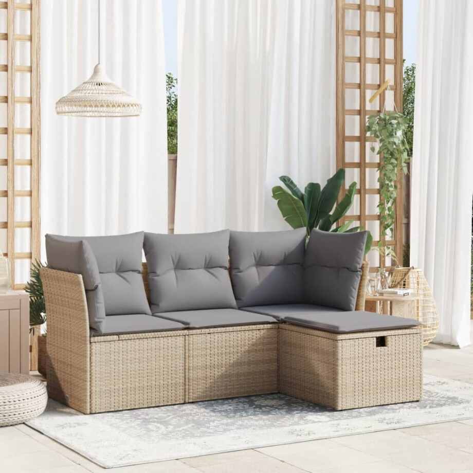 vidaXL 4-delige Loungeset met kussens poly rattan beige afbeelding 1