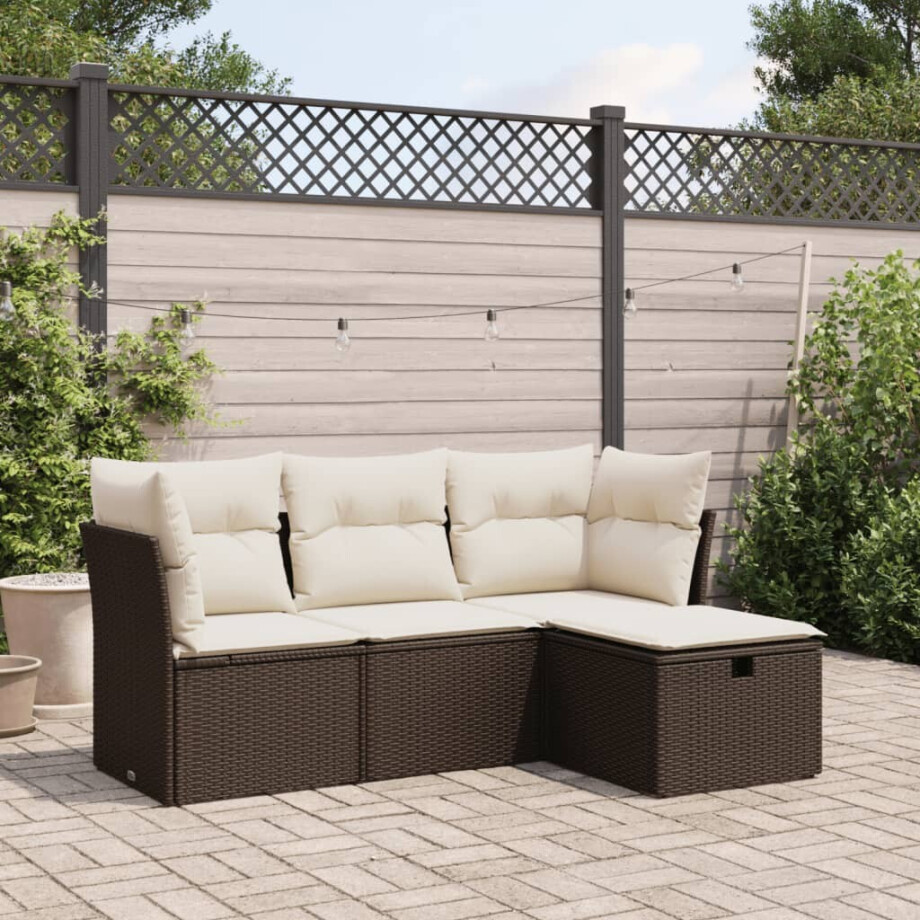 vidaXL 4-delige Loungeset met kussens poly rattan bruin afbeelding 1