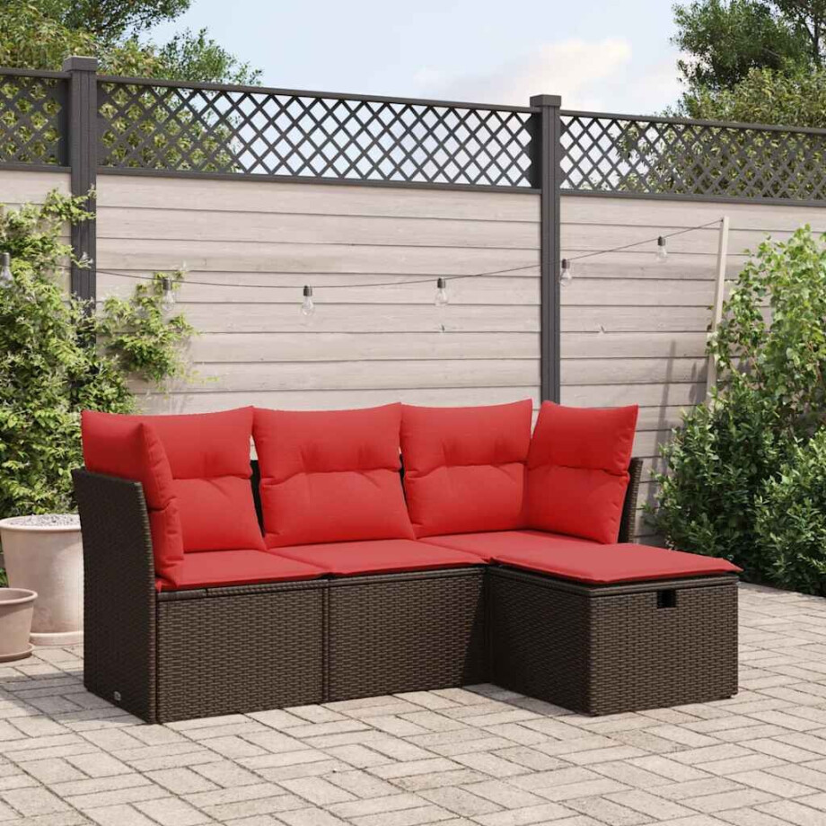 vidaXL 4-delige Loungeset met kussens poly rattan bruin vidaXL 4-delige Loungeset met kussens poly rattan bruin afbeelding 1
