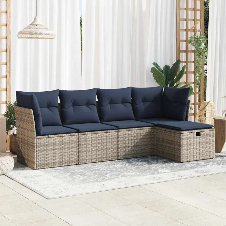 vidaXL 5-delige Loungeset met kussens poly rattan grijs vidaXL 5-delige Loungeset met kussens poly rattan grijs afbeelding 1