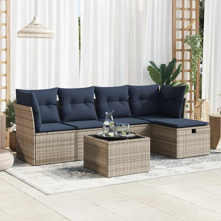 vidaXL 6-delige Loungeset met kussens poly rattan grijs afbeelding 1