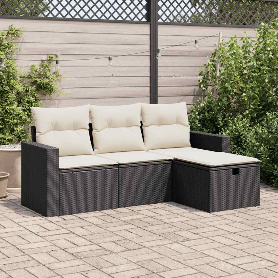 vidaXL 4-delige Loungeset met kussens poly rattan zwart afbeelding 1