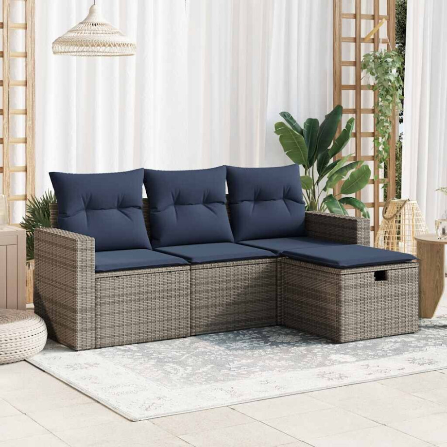 vidaXL 4-delige Loungeset met kussens poly rattan grijs afbeelding 1