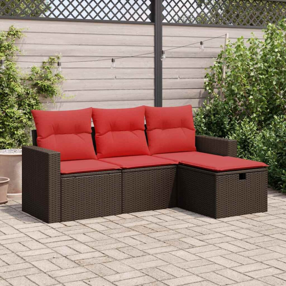 vidaXL 4-delige Loungeset met kussens poly rattan bruin afbeelding 1