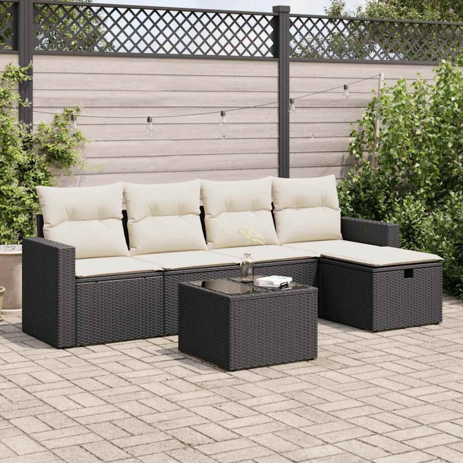vidaXL 6-delige Loungeset met kussens poly rattan zwart afbeelding 1