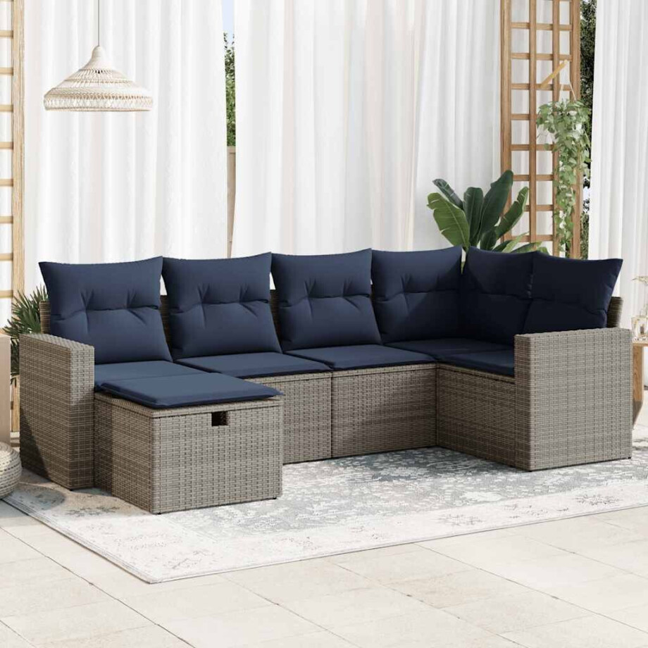 vidaXL 6-delige Loungeset met kussens poly rattan grijs afbeelding 1