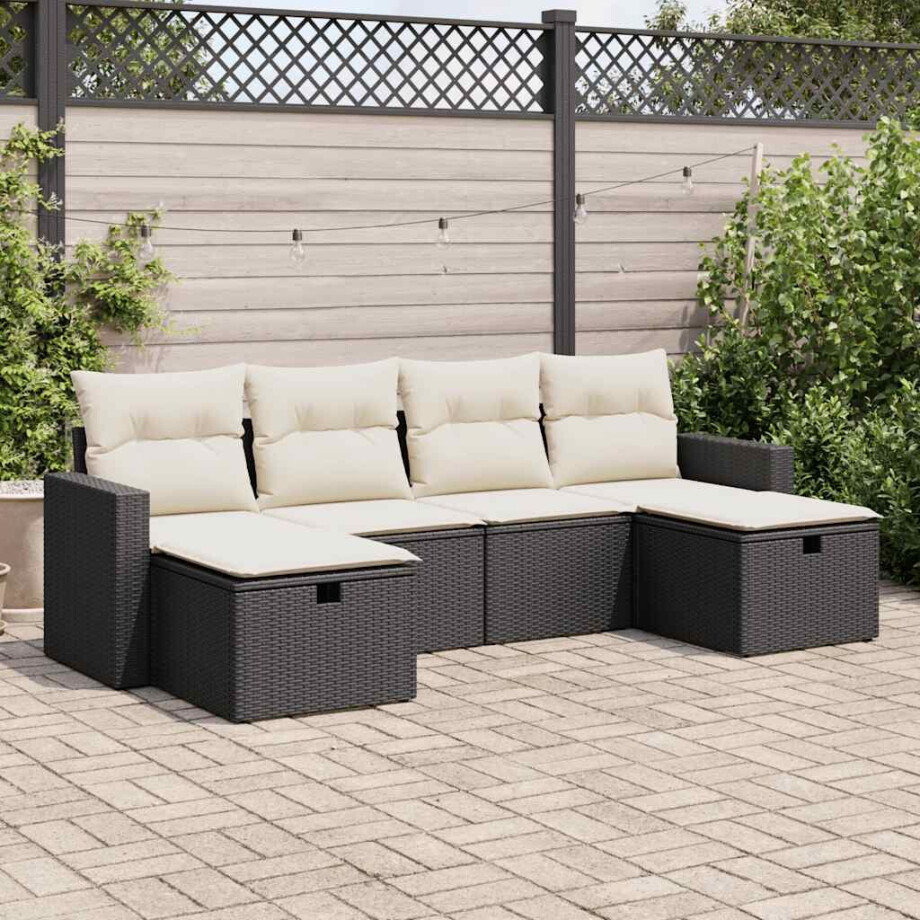 vidaXL 6-delige Loungeset met kussens poly rattan zwart afbeelding 1