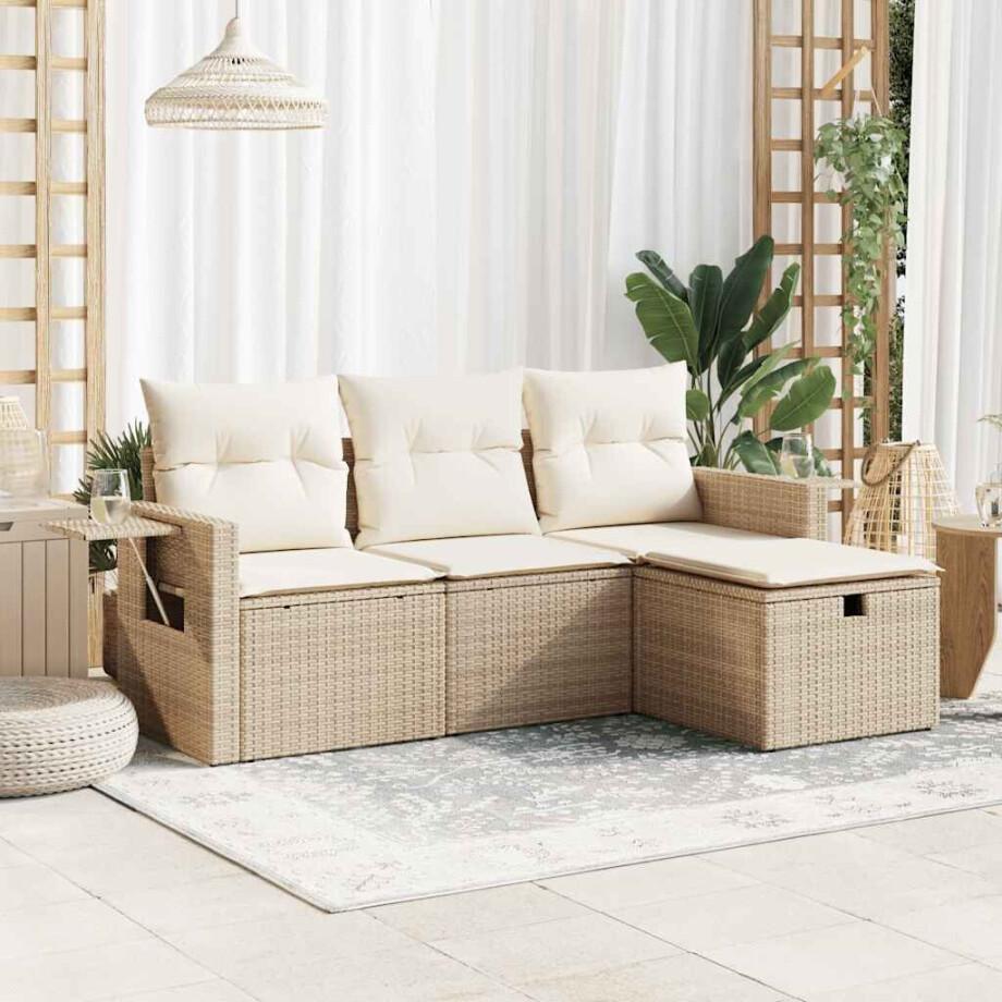 vidaXL 4-delige Loungeset met kussens poly rattan beige afbeelding 1