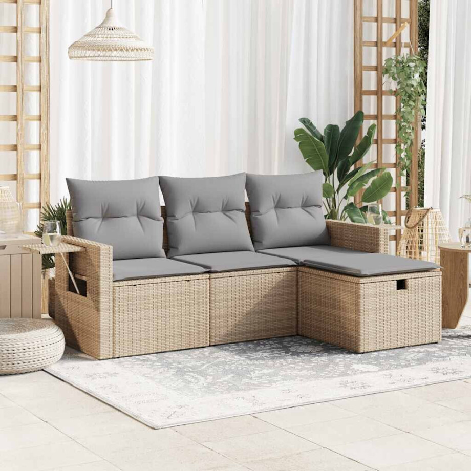 vidaXL 4-delige Loungeset met kussens poly rattan beige vidaXL 4-delige Loungeset met kussens poly rattan beige afbeelding 1