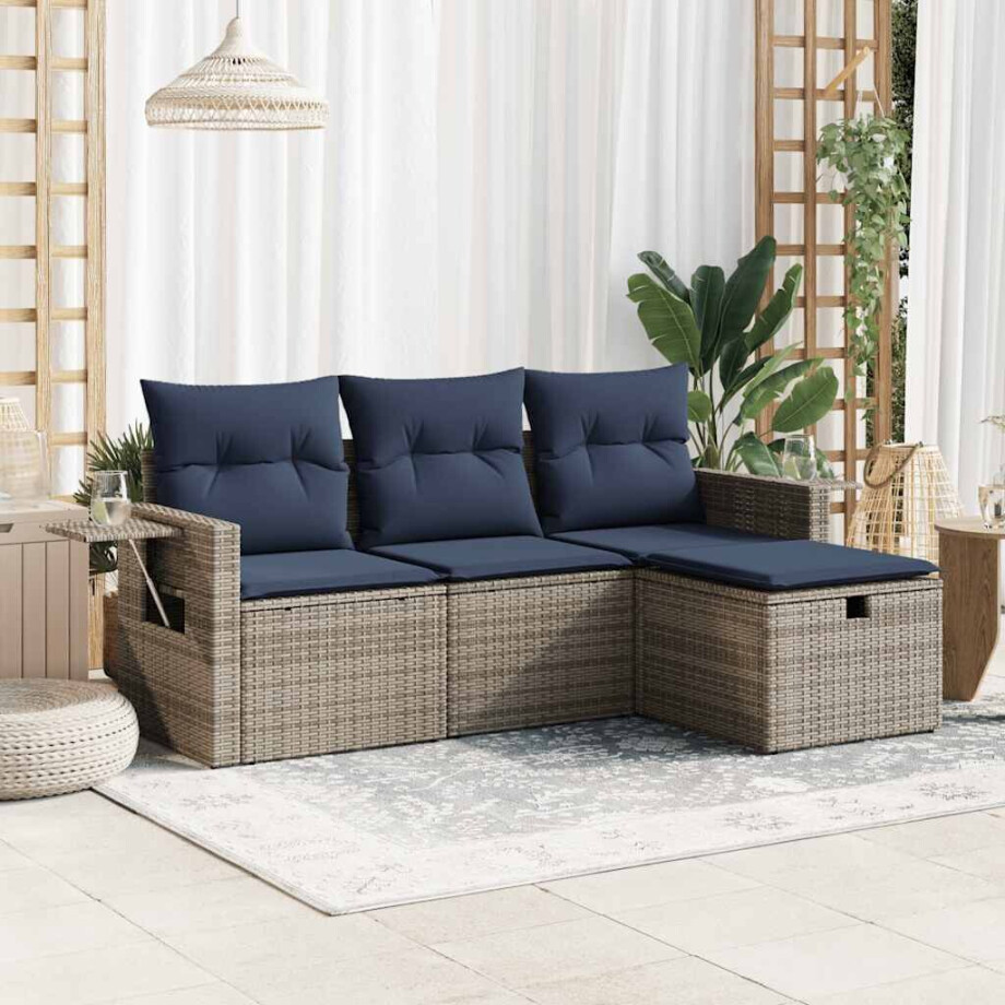 vidaXL 4-delige Loungeset met kussens poly rattan grijs vidaXL 4-delige Loungeset met kussens poly rattan grijs afbeelding 1