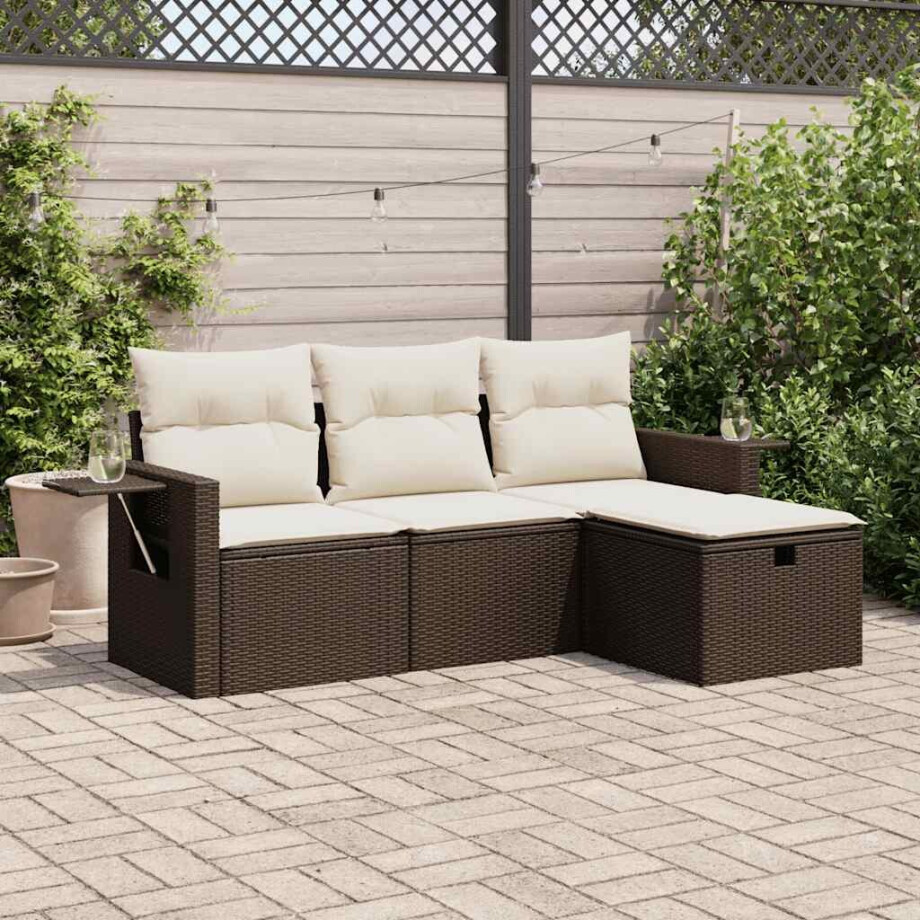 vidaXL 4-delige Loungeset met kussens poly rattan bruin afbeelding 1