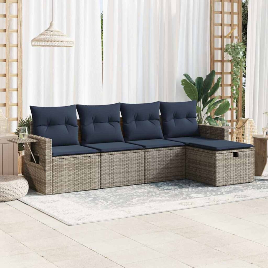 vidaXL 5-delige Loungeset met kussens poly rattan grijs afbeelding 1