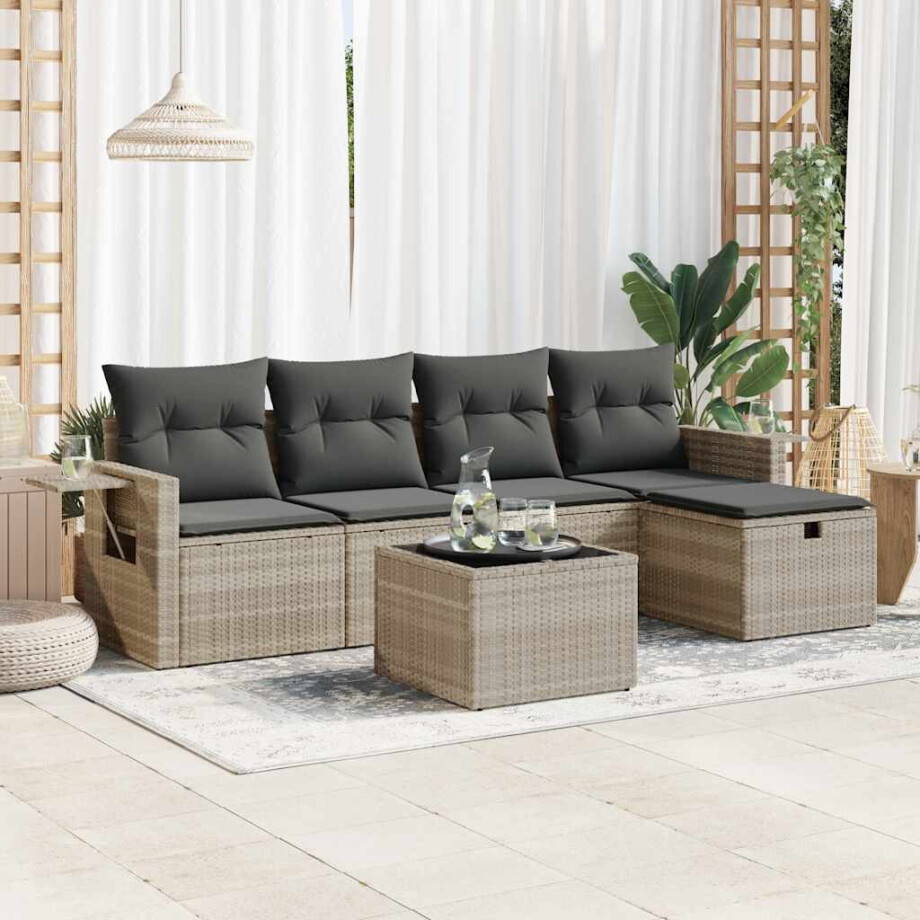 vidaXL 6-delige Loungeset met kussens poly rattan lichtgrijs afbeelding 1