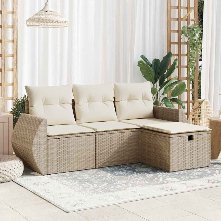 vidaXL 4-delige Loungeset met kussens poly rattan beige afbeelding 1