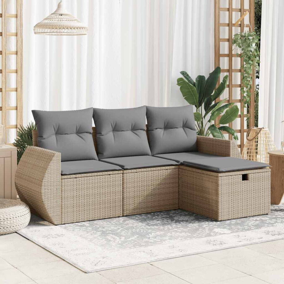 vidaXL 4-delige Loungeset met kussens poly rattan beige afbeelding 1