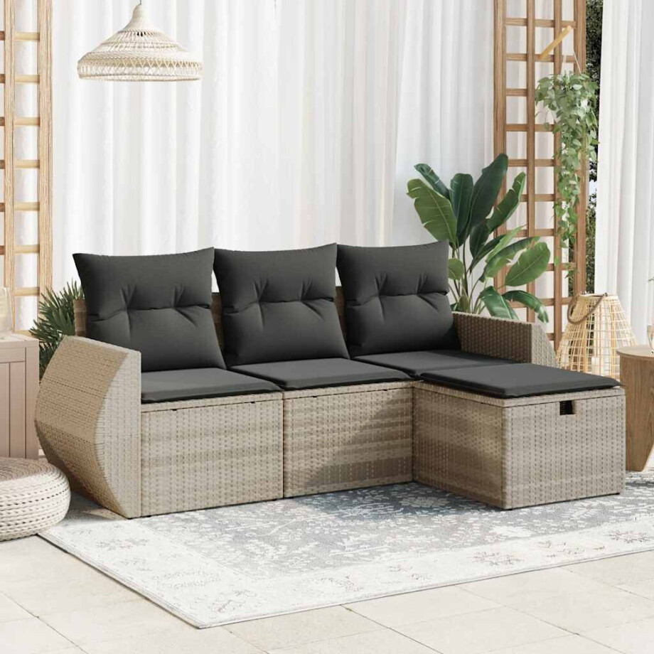 vidaXL 4-delige Loungeset met kussens poly rattan lichtgrijs vidaXL 4-delige Loungeset met kussens poly rattan lichtgrijs afbeelding 1