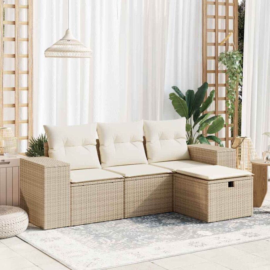 vidaXL 4-delige Loungeset met kussens poly rattan beige afbeelding 1