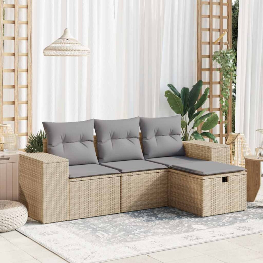 vidaXL 4-delige Loungeset met kussens poly rattan beige afbeelding 1