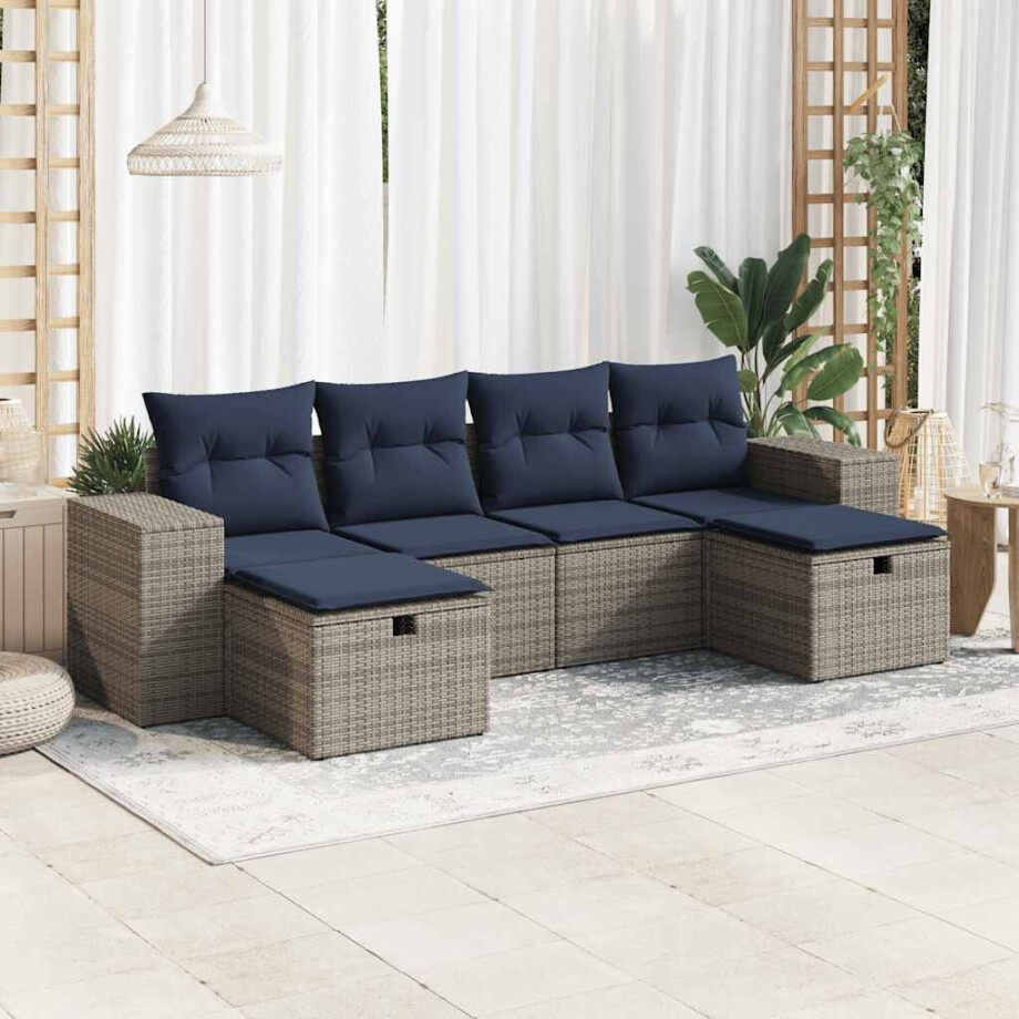 vidaXL 6-delige Loungeset met kussens poly rattan grijs afbeelding 1