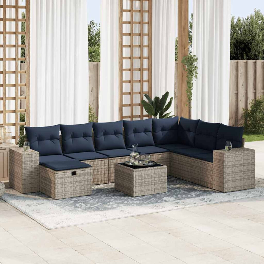 vidaXL 9-delige Loungeset met kussens poly rattan grijs afbeelding 1