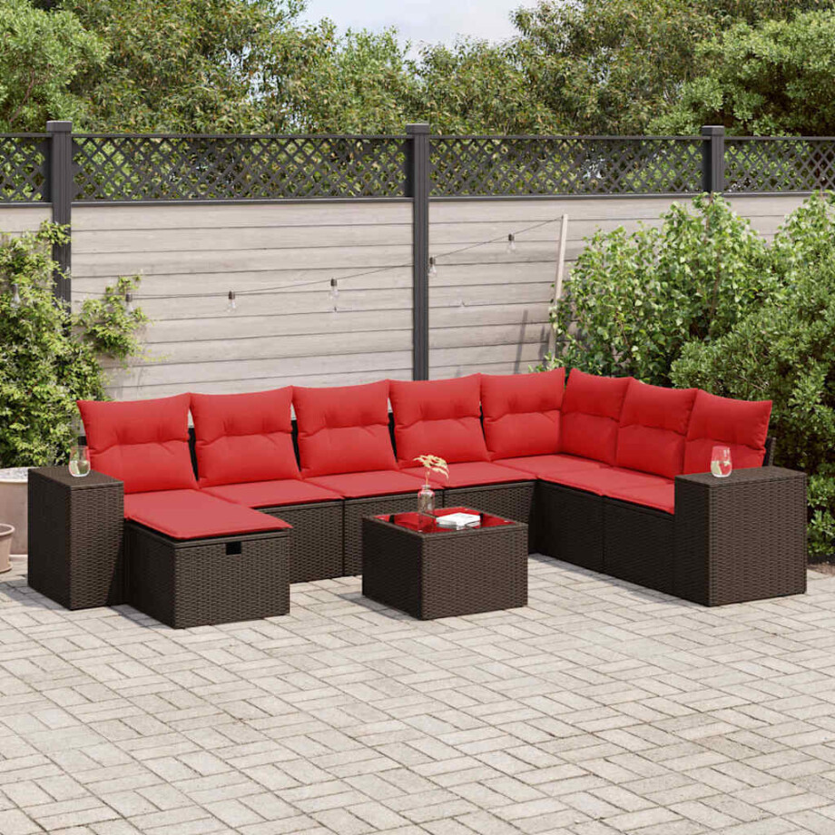 vidaXL 9-delige Loungeset met kussens poly rattan bruin afbeelding 1
