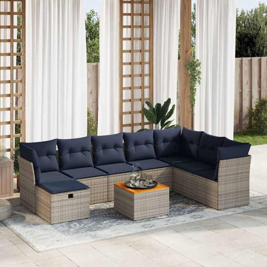 vidaXL 9-delige Loungeset met kussens poly rattan grijs afbeelding 1