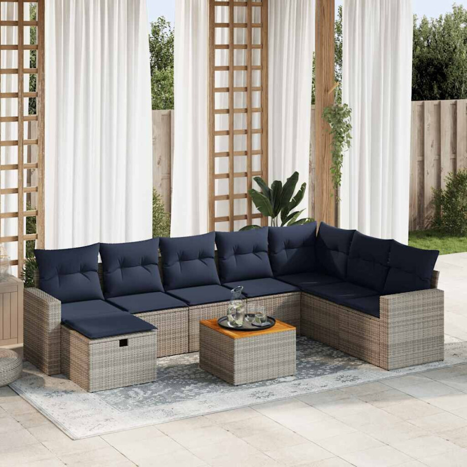 vidaXL 9-delige Loungeset met kussens poly rattan grijs afbeelding 1