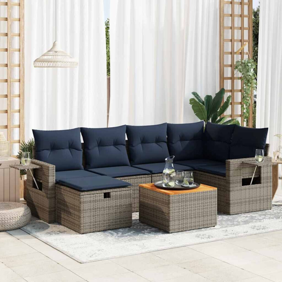 vidaXL 7-delige Loungeset met kussens poly rattan grijs afbeelding 1