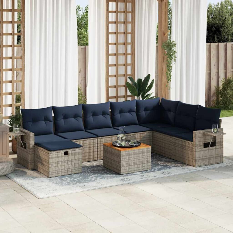 vidaXL 9-delige Loungeset met kussens poly rattan grijs afbeelding 1