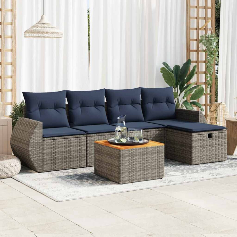 vidaXL 6-delige Loungeset met kussens poly rattan grijs afbeelding 1