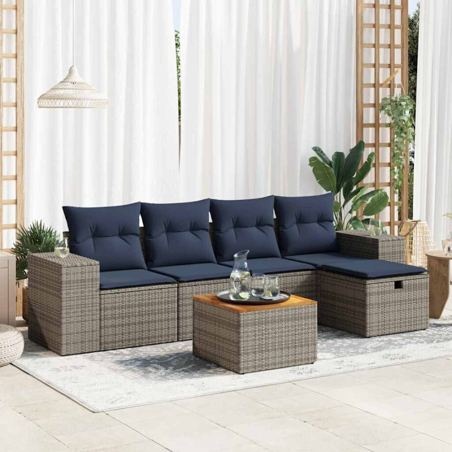 vidaXL 6-delige Loungeset met kussens poly rattan grijs afbeelding 1