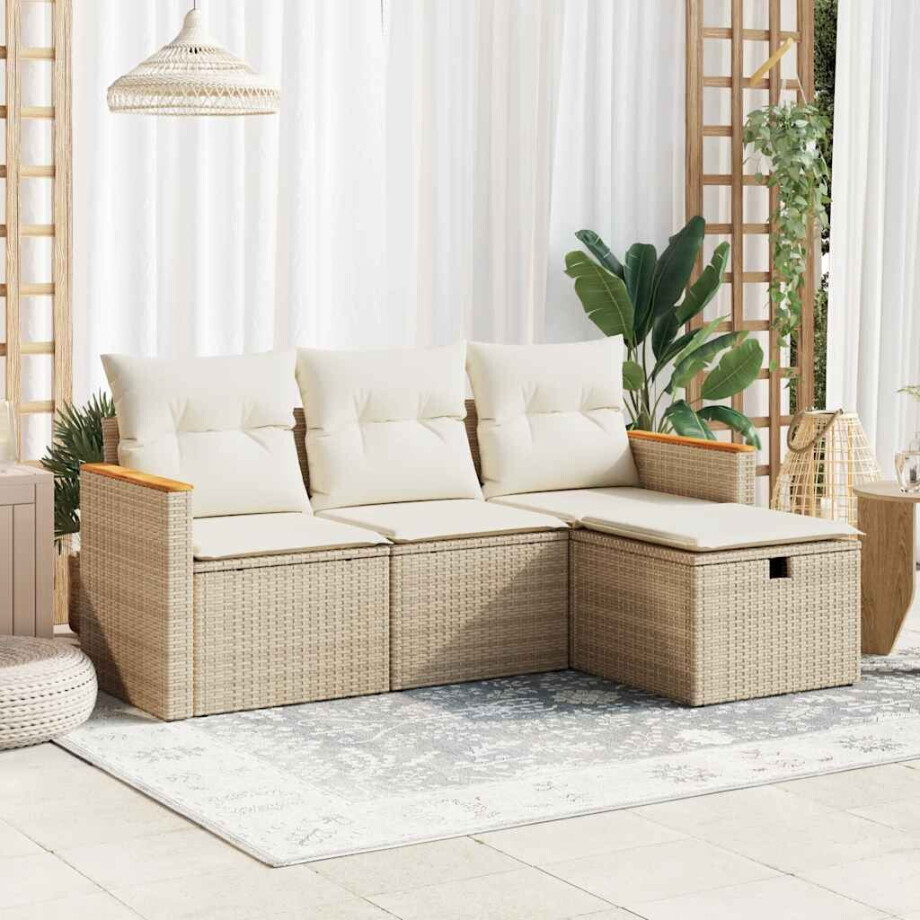 vidaXL 4-delige Loungeset met kussens poly rattan beige afbeelding 1