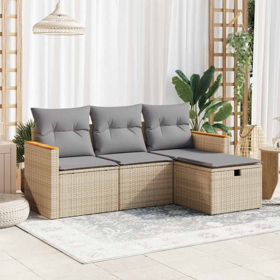 vidaXL 4-delige Loungeset met kussens poly rattan beige afbeelding 1