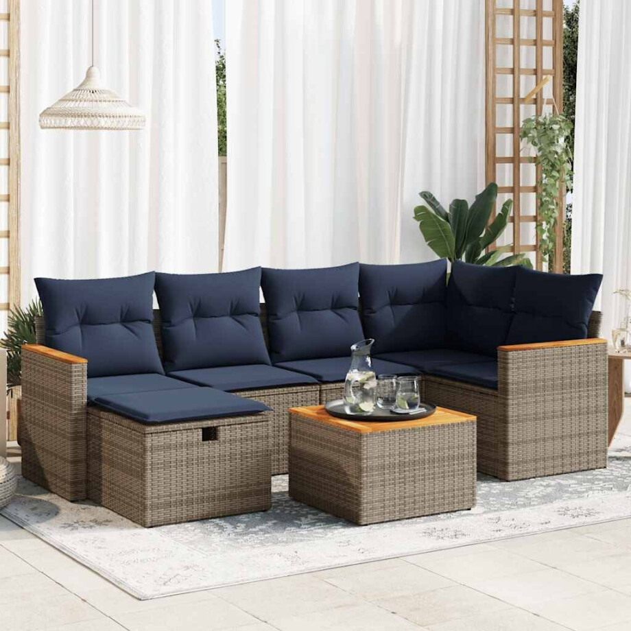 vidaXL 7-delige Loungeset met kussens poly rattan grijs afbeelding 1