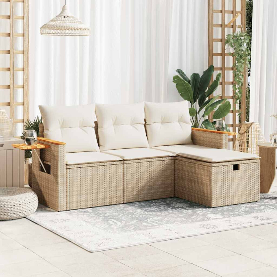 vidaXL 4-delige Loungeset met kussens poly rattan beige vidaXL 4-delige Loungeset met kussens poly rattan beige afbeelding 1