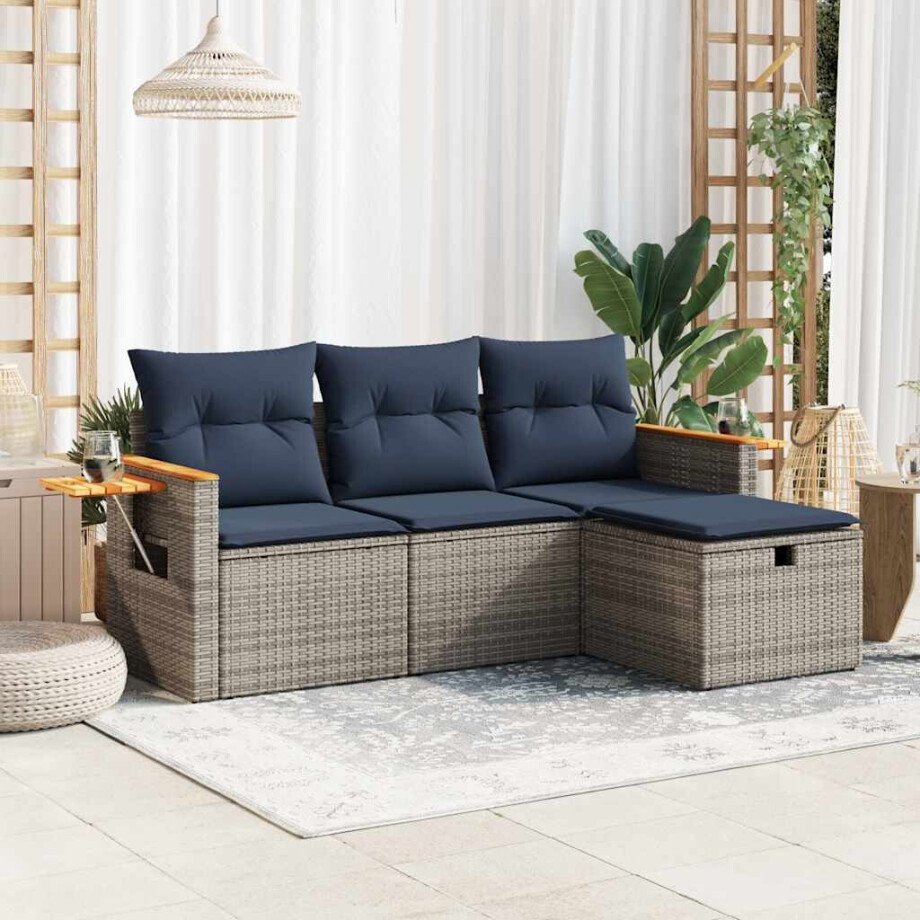 vidaXL 4-delige Loungeset met kussens poly rattan grijs afbeelding 1