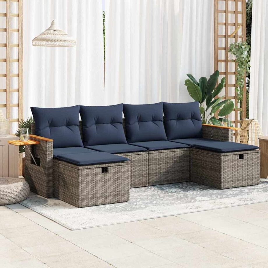 vidaXL 6-delige Loungeset met kussens poly rattan grijs afbeelding 1