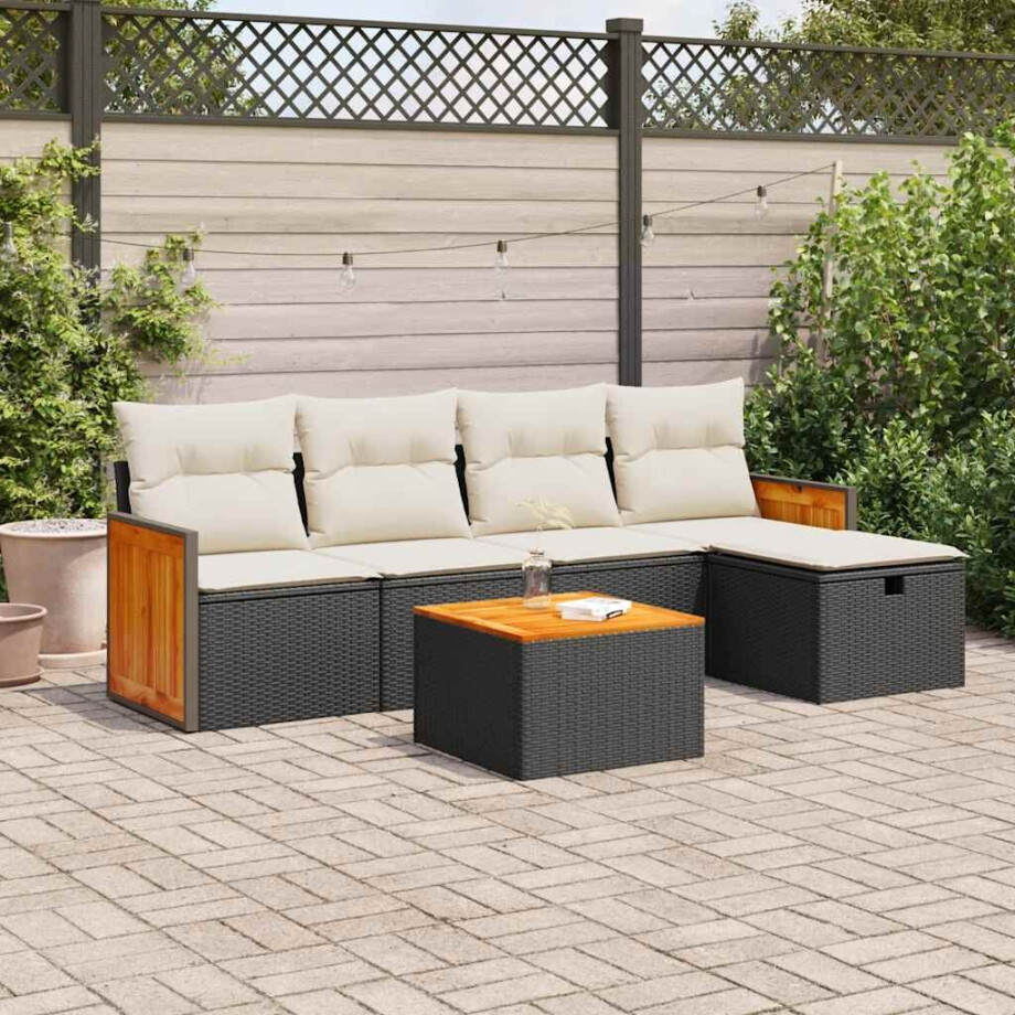 vidaXL 6-delige Loungeset met kussens poly rattan zwart vidaXL 6-delige Loungeset met kussens poly rattan zwart afbeelding 1