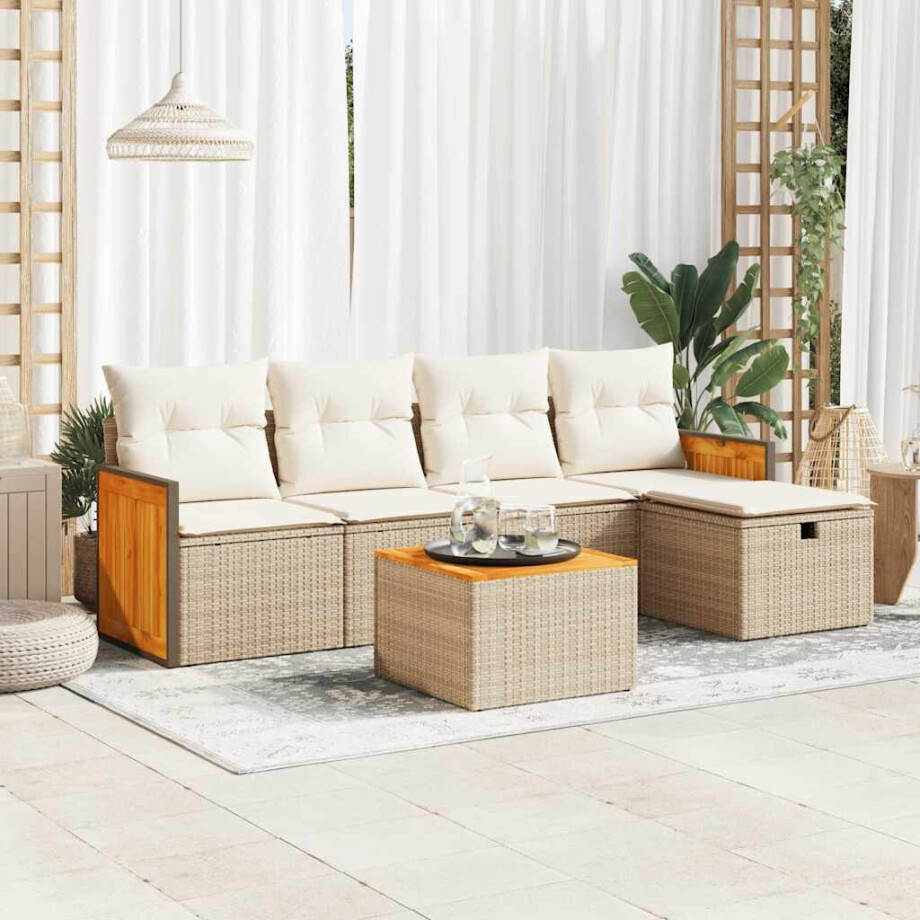 vidaXL 6-delige Loungeset met kussens poly rattan beige afbeelding 1