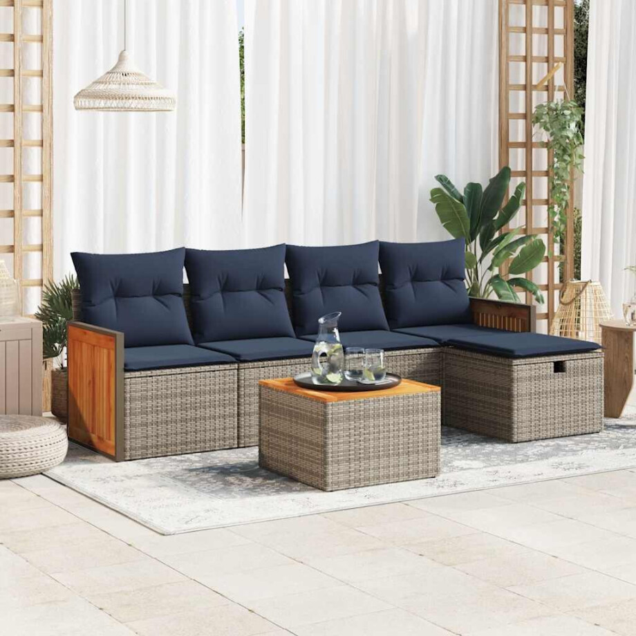 vidaXL 6-delige Loungeset met kussens poly rattan grijs afbeelding 1