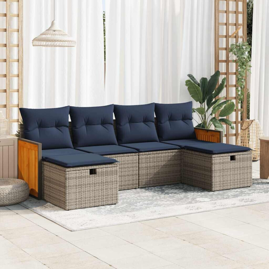 vidaXL 6-delige Loungeset met kussens poly rattan grijs afbeelding 1