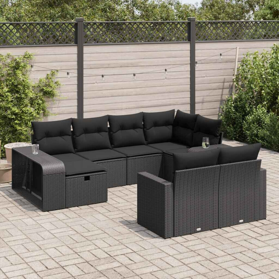 vidaXL 10-delige Loungeset met kussens poly rattan zwart afbeelding 1