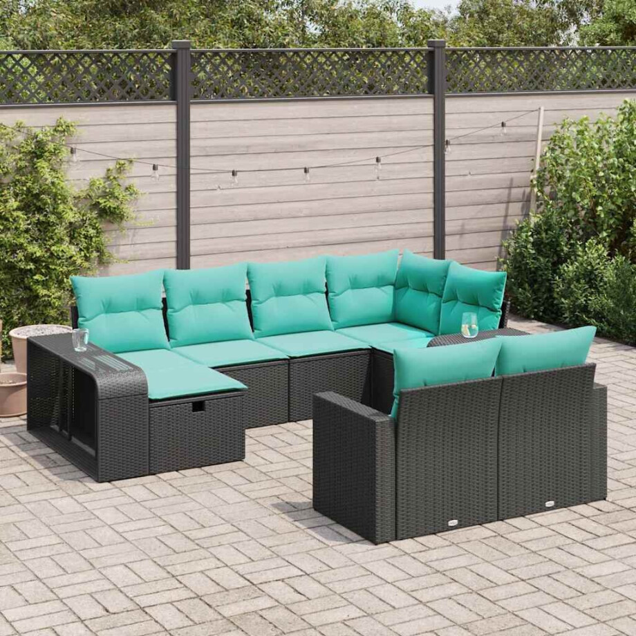 vidaXL 10-delige Loungeset met kussens poly rattan zwart afbeelding 1