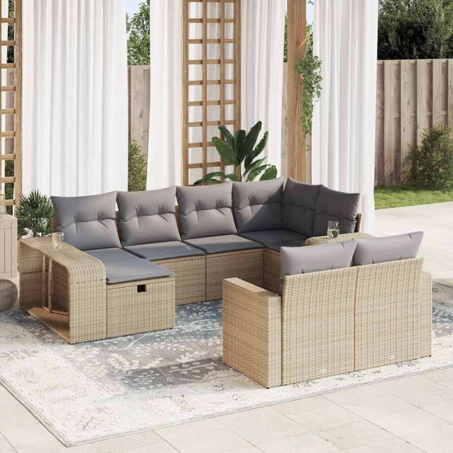 vidaXL 10-delige Loungeset met kussens poly rattan beige afbeelding 1